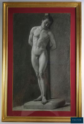 tableau représentant un nu masculin debout sur un piédestal, dans un cadre doré