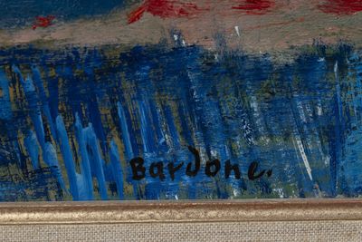 an image of a painting of a red and blue sky with clouds