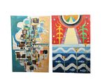trois tableaux accrochés à un mur blanc ; l'un d'entre eux comporte une horloge et l'autre représente un autre tableau