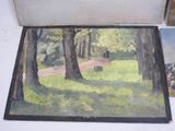 a picture of a painting of a park with trees and a bench
