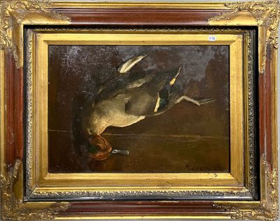 une peinture à l'huile représentant un canard posé sur une table, avec une souris dans le bec