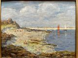 a painting of a beach scene with boats in the water