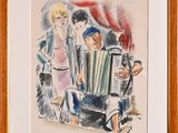 an image of a painting of a group of people sitting on a bench