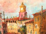 une peinture à l'huile représentant un bâtiment avec une tour horloge en arrière-plan