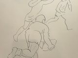 drawing of two men playing a game of frisbee on a white board