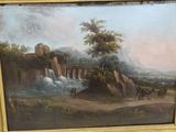 painting of a landscape with a waterfall and a bridge in the distance