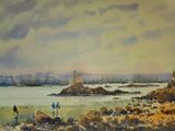 a watercolor painting of a group of people walking on the beach