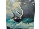 une peinture à l'huile représentant un voilier sur une mer agitée