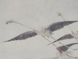 painting of a flock of birds flying over a body of water