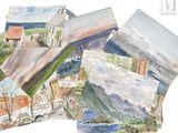 plusieurs aquarelles représentant une église, une église et une rivière