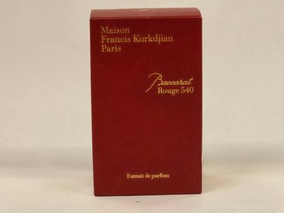 une image représentant une boîte rouge contenant un parfum, posée sur une surface blanche