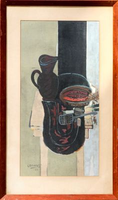 tableau représentant une nature morte avec un pichet et un bol posés sur une table