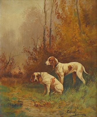 painting of two dogs in a wooded area with trees in the background