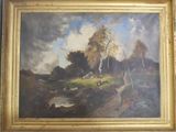une image représentant un tableau de paysage avec des moutons au premier plan