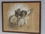 tableau représentant deux hommes et une femme tenant une arme à feu