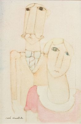 tableau représentant un homme et une femme, l'homme portant un haut-de-forme et une cravate