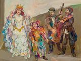 une peinture à l'huile représentant un groupe de personnes debout les unes à côté des autres
