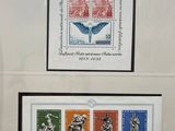 two framed pictures of different stamps on a wall in a room