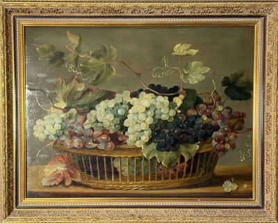 une peinture à l'huile représentant des raisins dans une corbeille posée sur une table