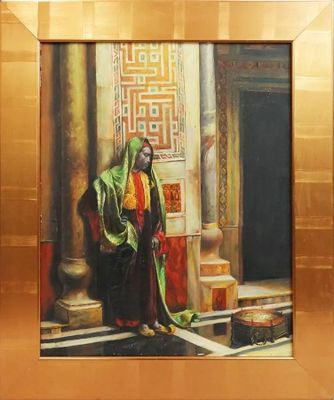 tableau représentant un homme vêtu d'une robe verte, debout devant une porte