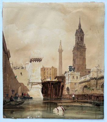 tableau représentant une vue de ville avec un pont et une tour