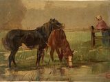painting of two horses drinking water from a pond with a man sitting on a bench in the background