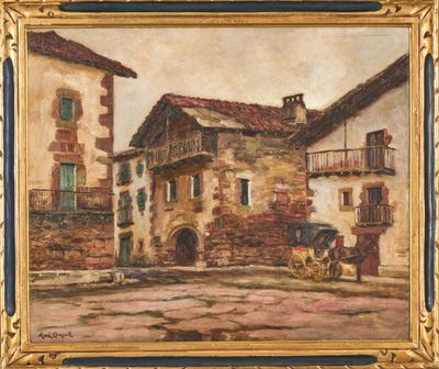 an oil painting of a street scene with a horse drawn carriage