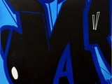 a painting of a black and blue graffiti with the letter n on it