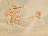 two angels that are flying in the sky with a trumpet