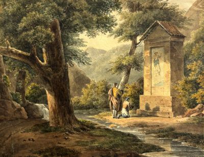 un tableau représentant un homme et une femme dans un bosquet