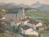 painting of a village in the mountains with a church in the foreground