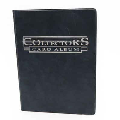 the collector ' s card album is black with silver lettering