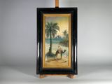 tableau représentant un homme à dos de chameau sur une plage, avec des palmiers en arrière-plan