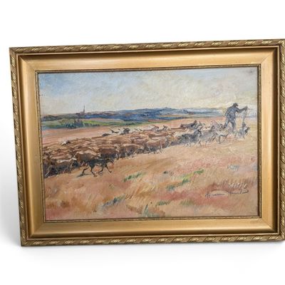 painting of a herd of cattle running across a dry grass field