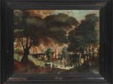 peinture à l'huile d'une scène de village avec une voiture à cheval