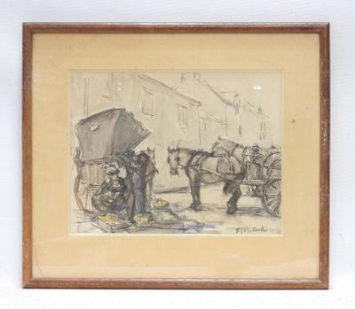 drawing of a horse drawn carriage with a man standing next to it