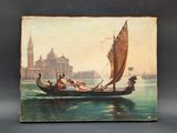 painting of a gondola with people in a gondola on the water