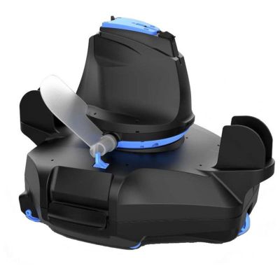 an image of a black and blue robotic vacuum cleaner on a white background