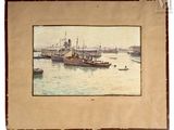 an image of a painting of a harbor scene with boats in the water