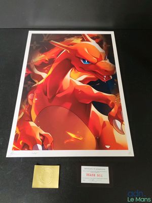 a close up of a picture of a red dragon with blue eyes