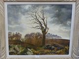 an oil painting of a bare tree in a field with two cows