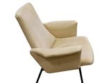 beige leather lounge chair with black metal legs on a white background