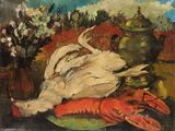 an oil painting of a lobster on a plate next to a vase of flowers