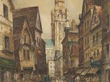 painting of a city street with people walking down it and a clock tower in the background