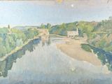 a painting of a painting of a river and a building