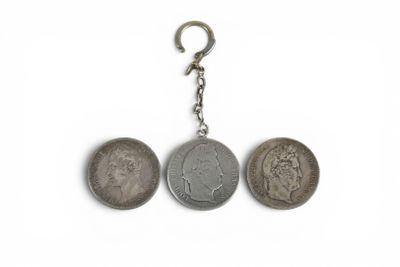 un gros plan sur un porte-clés orné de trois pièces de monnaie