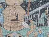 painting of a group of people standing around a building with a clock