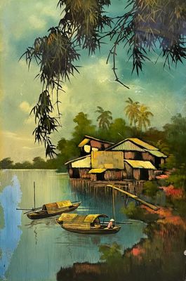 a painting of a house on the shore of a lake