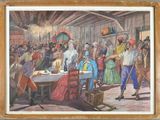 painting of a group of people sitting around a table in a room