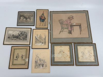 plusieurs reproductions, encadrées ou non, représentant des personnes et des animaux